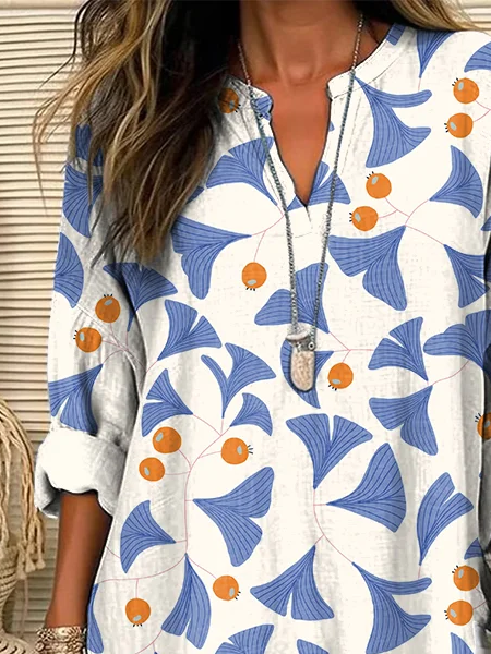 V-Ausschnitt Langarm Abstrakt Print Regelmäßig Weit Bluse für Damen