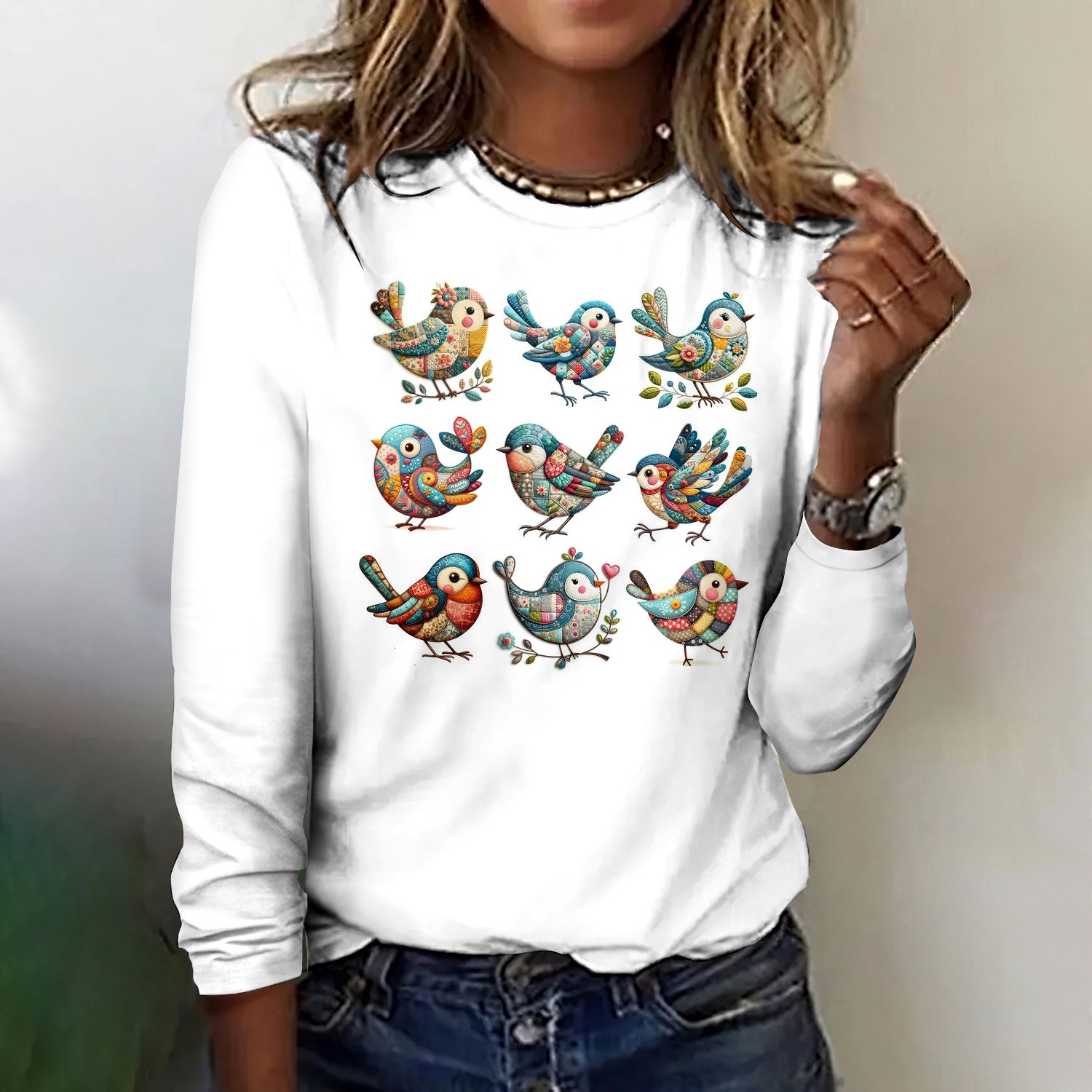 Retro Kariert Rundhals Langarm T-Shirt