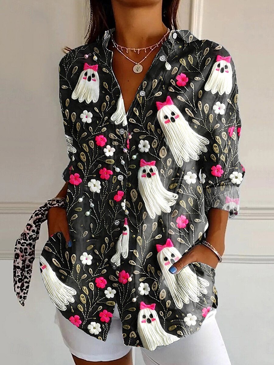 Hemdkragen Langarm Halloween Regelmäßig Weit Bluse für Damen