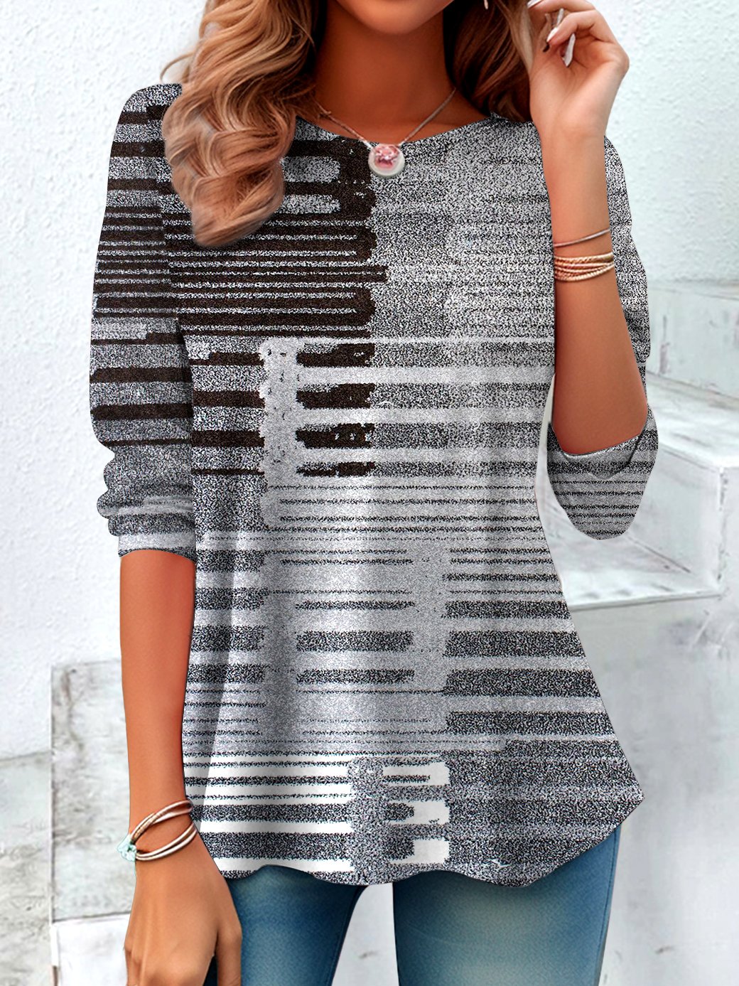 Retro Kariert Rundhals Langarm T-Shirt