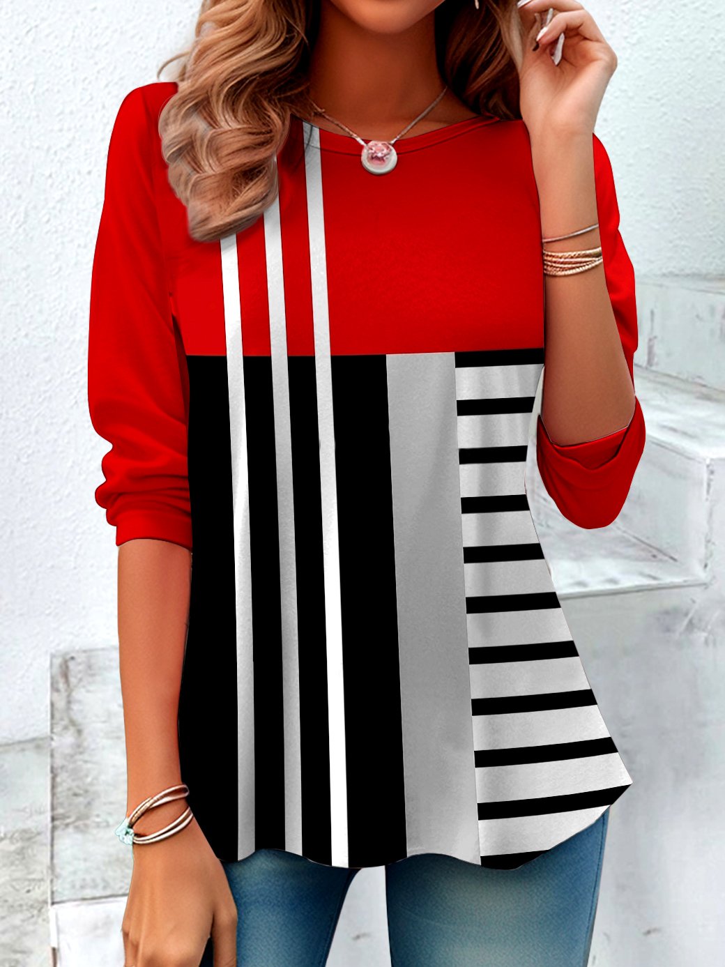 Retro Kariert Rundhals Langarm T-Shirt