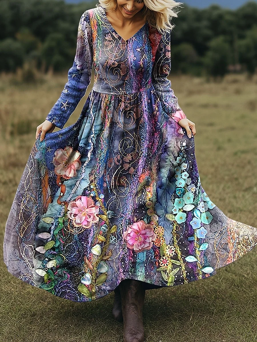 Damen Geblümt Frühling/Herbst Kleid V-Ausschnitt Langarm A-Linien-Kleid