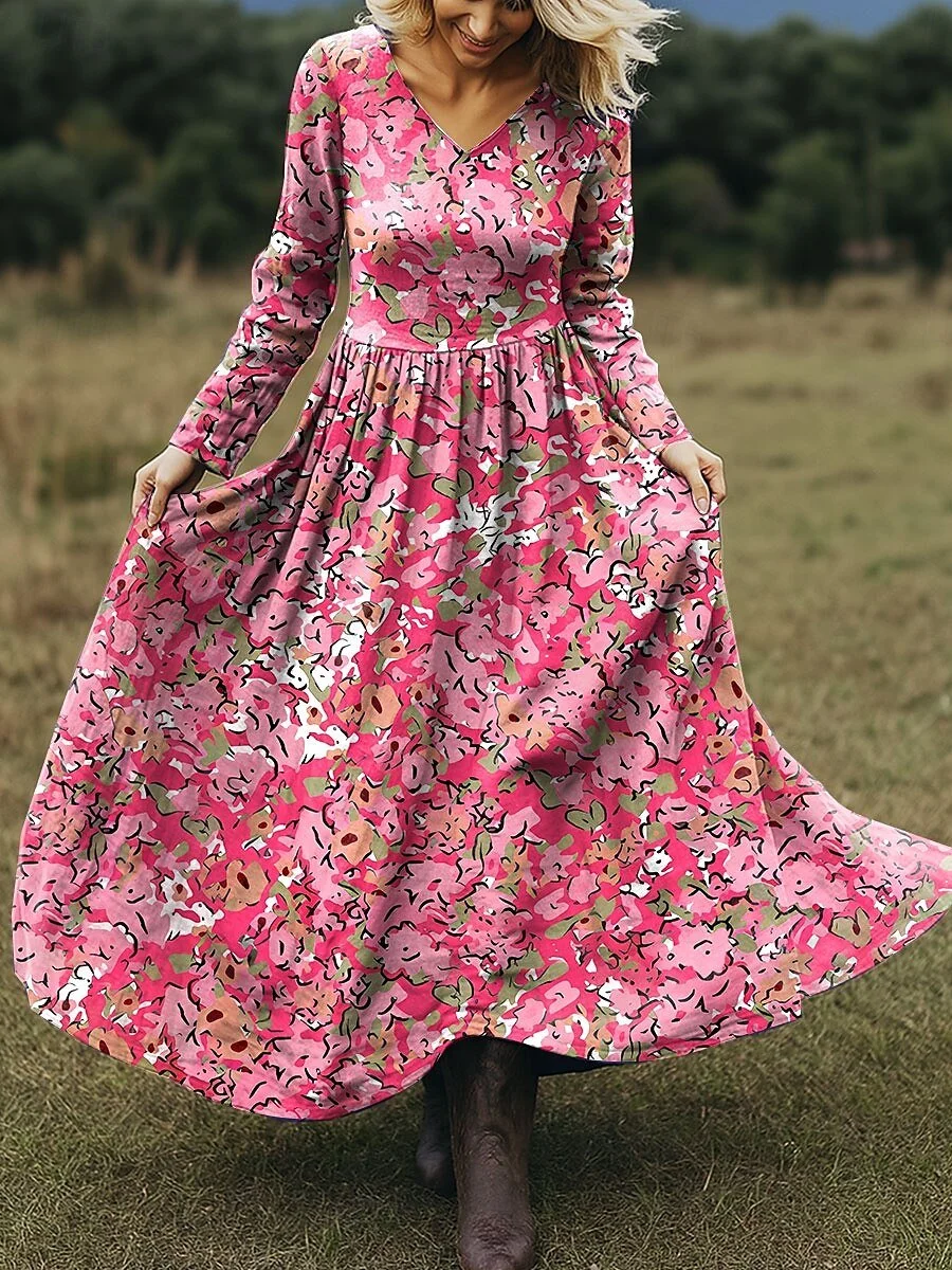 Damen Geblümt Frühling/Herbst Kleid V-Ausschnitt Langarm A-Linien-Kleid