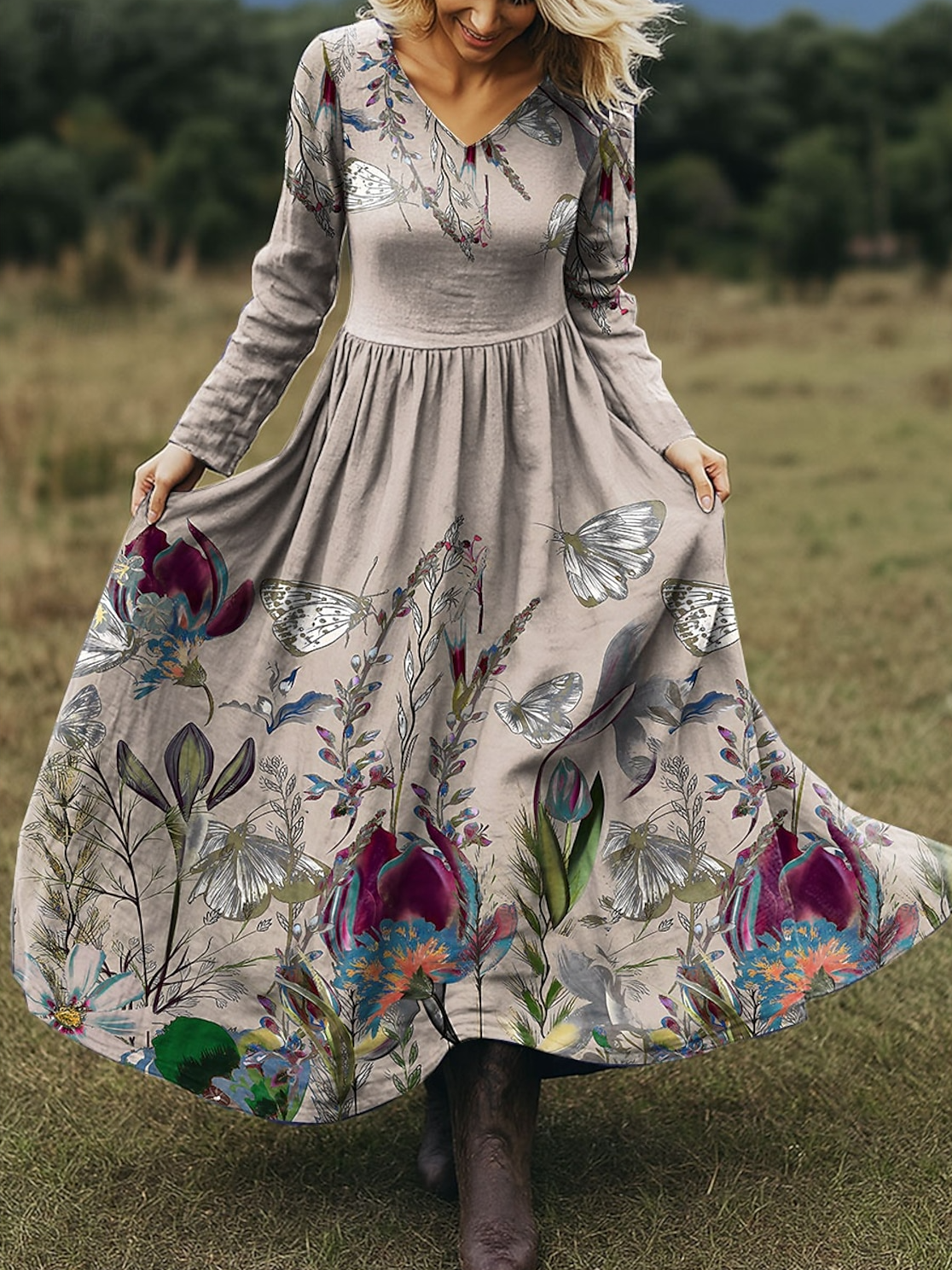 Damen Geblümt Frühling/Herbst Kleid V-Ausschnitt Langarm A-Linien-Kleid