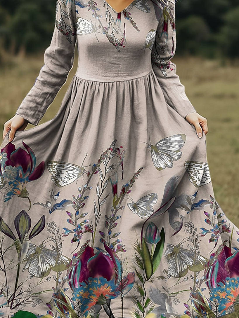Damen Geblümt Frühling/Herbst Kleid V-Ausschnitt Langarm A-Linien-Kleid