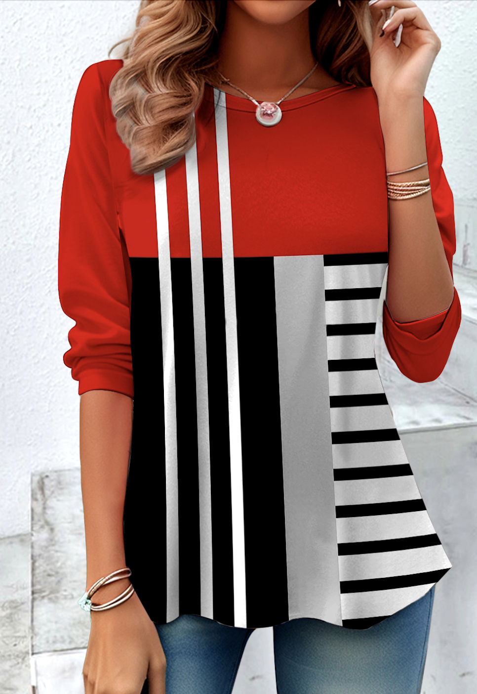 Retro Kariert Rundhals Langarm T-Shirt