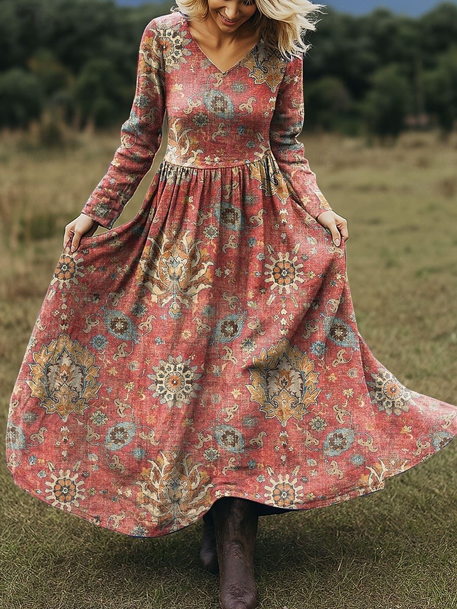 Damen Geblümt Frühling/Herbst Kleid V-Ausschnitt Langarm A-Linien-Kleid