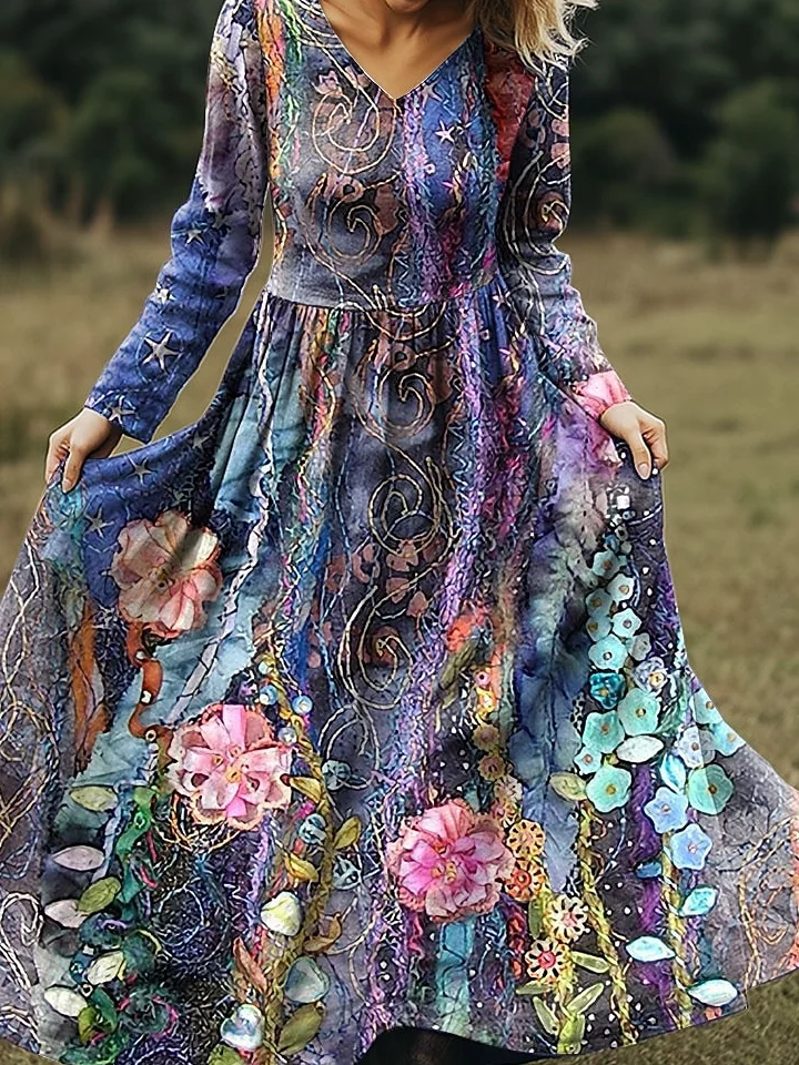 Damen Geblümt Frühling/Herbst Kleid V-Ausschnitt Langarm A-Linien-Kleid