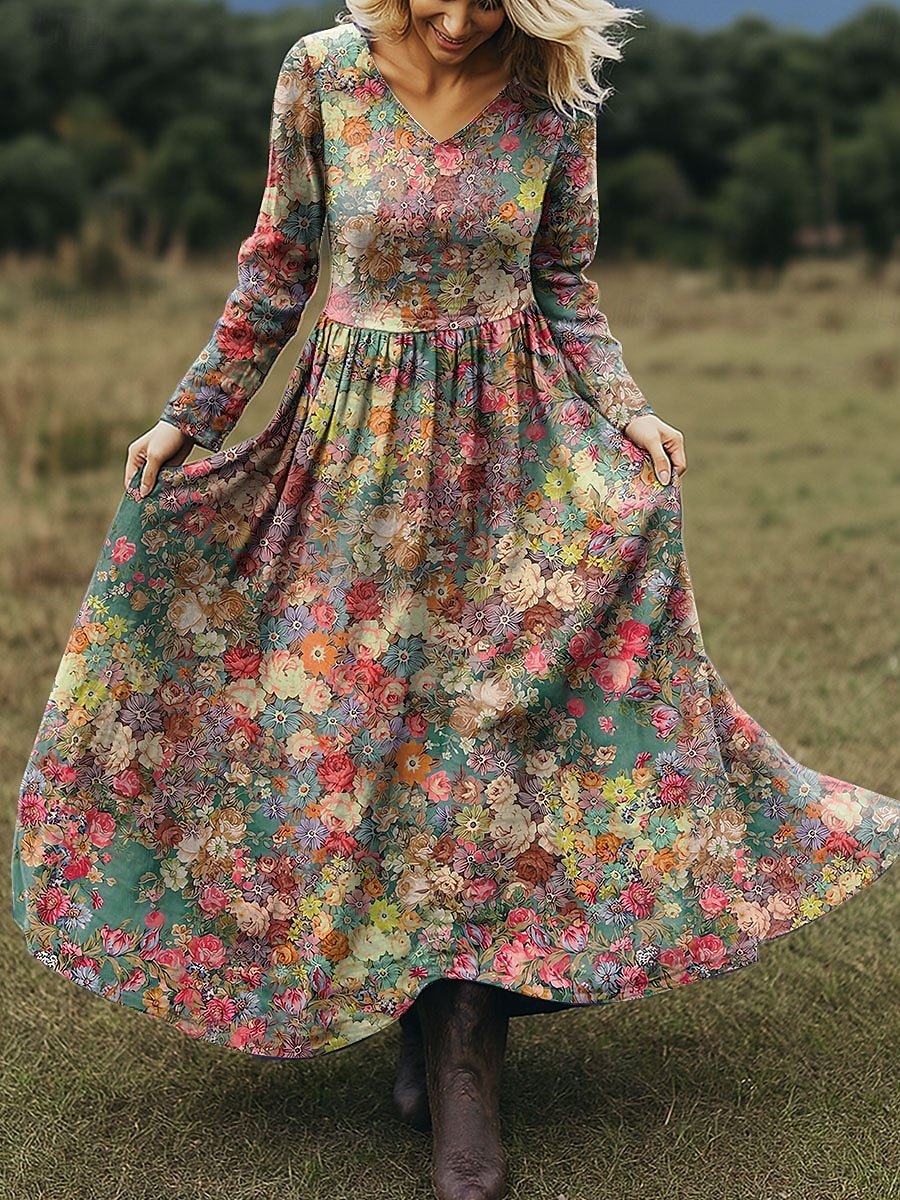 Damen Geblümt Frühling/Herbst Kleid V-Ausschnitt Langarm A-Linien-Kleid