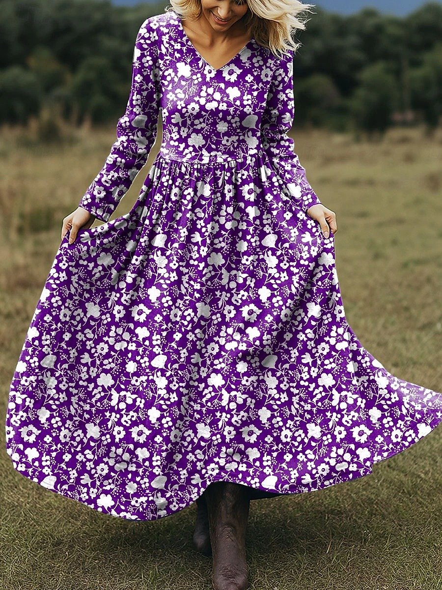 Damen Geblümt Frühling/Herbst Kleid V-Ausschnitt Langarm A-Linien-Kleid