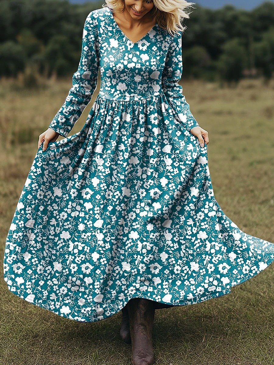 Damen Geblümt Frühling/Herbst Kleid V-Ausschnitt Langarm A-Linien-Kleid