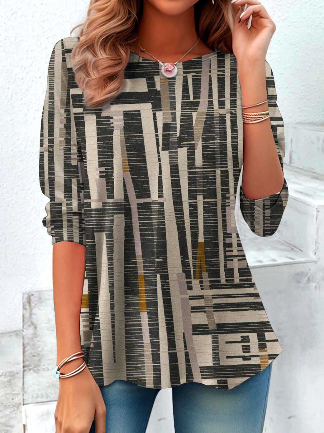 Retro Kariert Rundhals Langarm T-Shirt