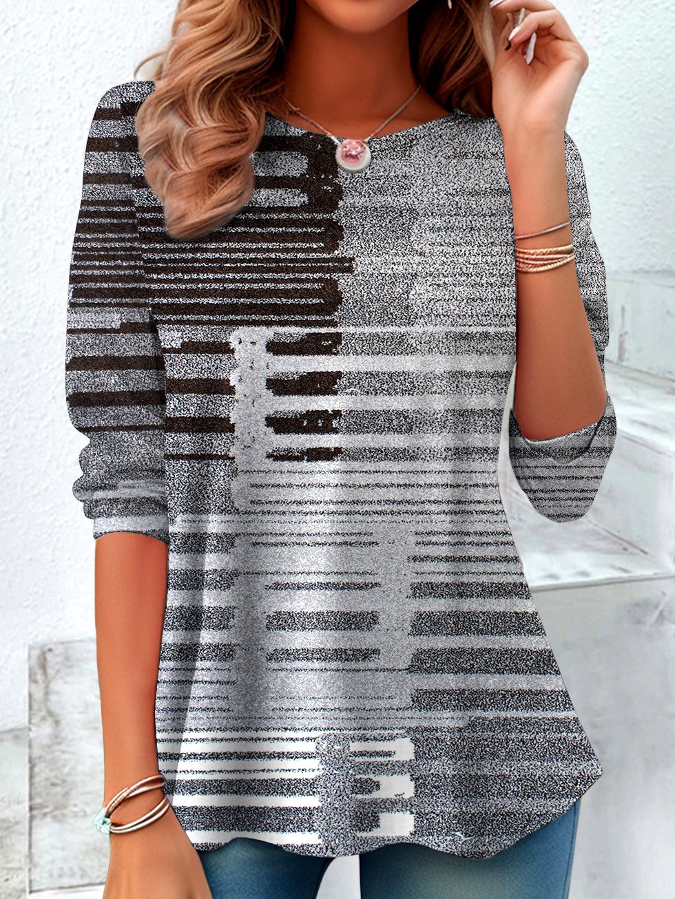 Retro Kariert Rundhals Langarm T-Shirt