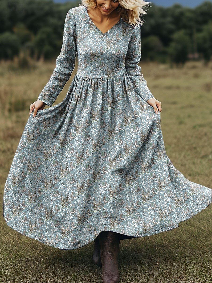 Damen Geblümt Frühling/Herbst Kleid V-Ausschnitt Langarm A-Linien-Kleid