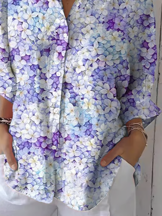Hemdkragen Dreiviertelärmel Geblümt Print Regelmäßig Weit Knopfhemd Bluse für Damen
