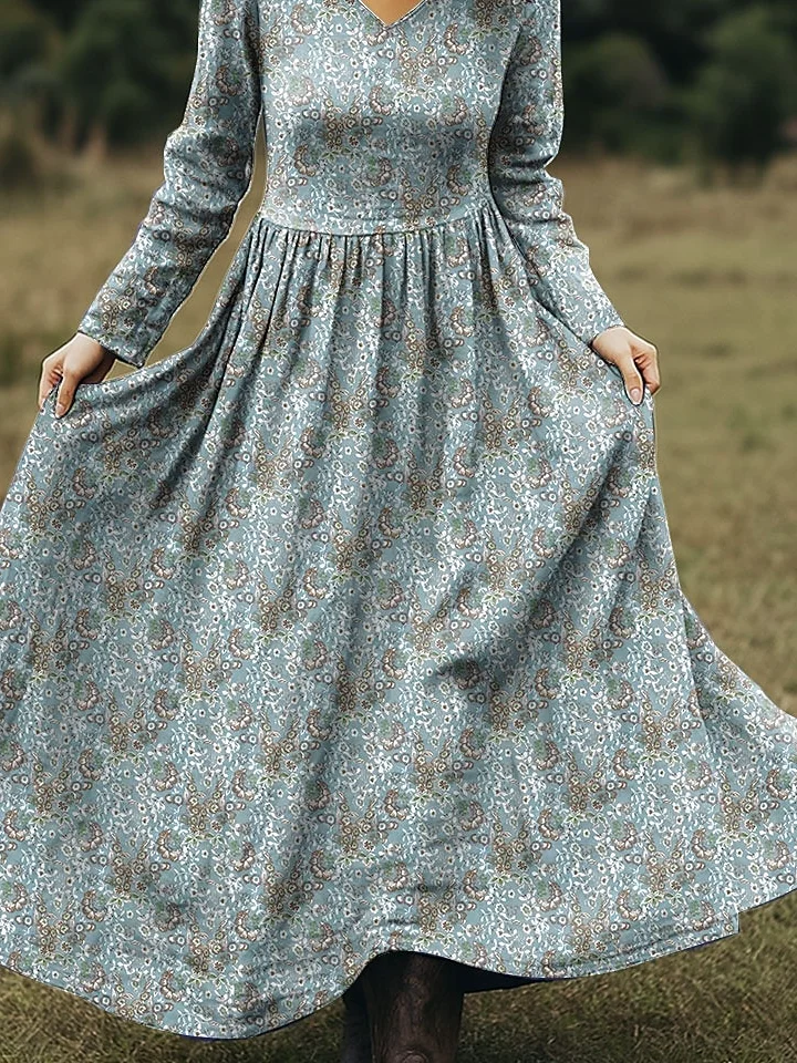 Damen Geblümt Frühling/Herbst Kleid V-Ausschnitt Langarm A-Linien-Kleid