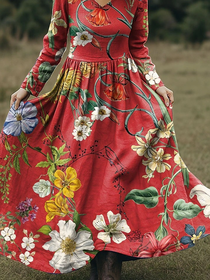 Damen Geblümt Frühling/Herbst Kleid V-Ausschnitt Langarm A-Linien-Kleid