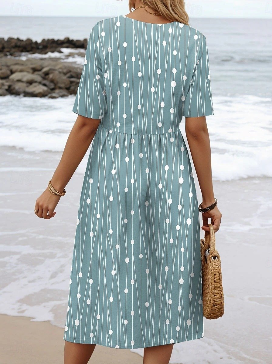 Damen Gestreift Sommer Kleid Rundhals Halbarm A-Linien-Kleid