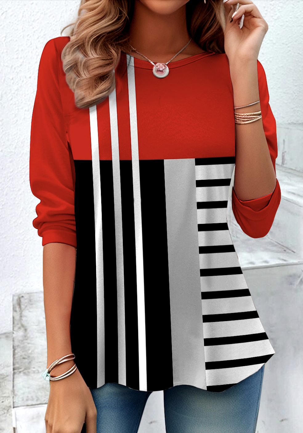 Retro Kariert Rundhals Langarm T-Shirt