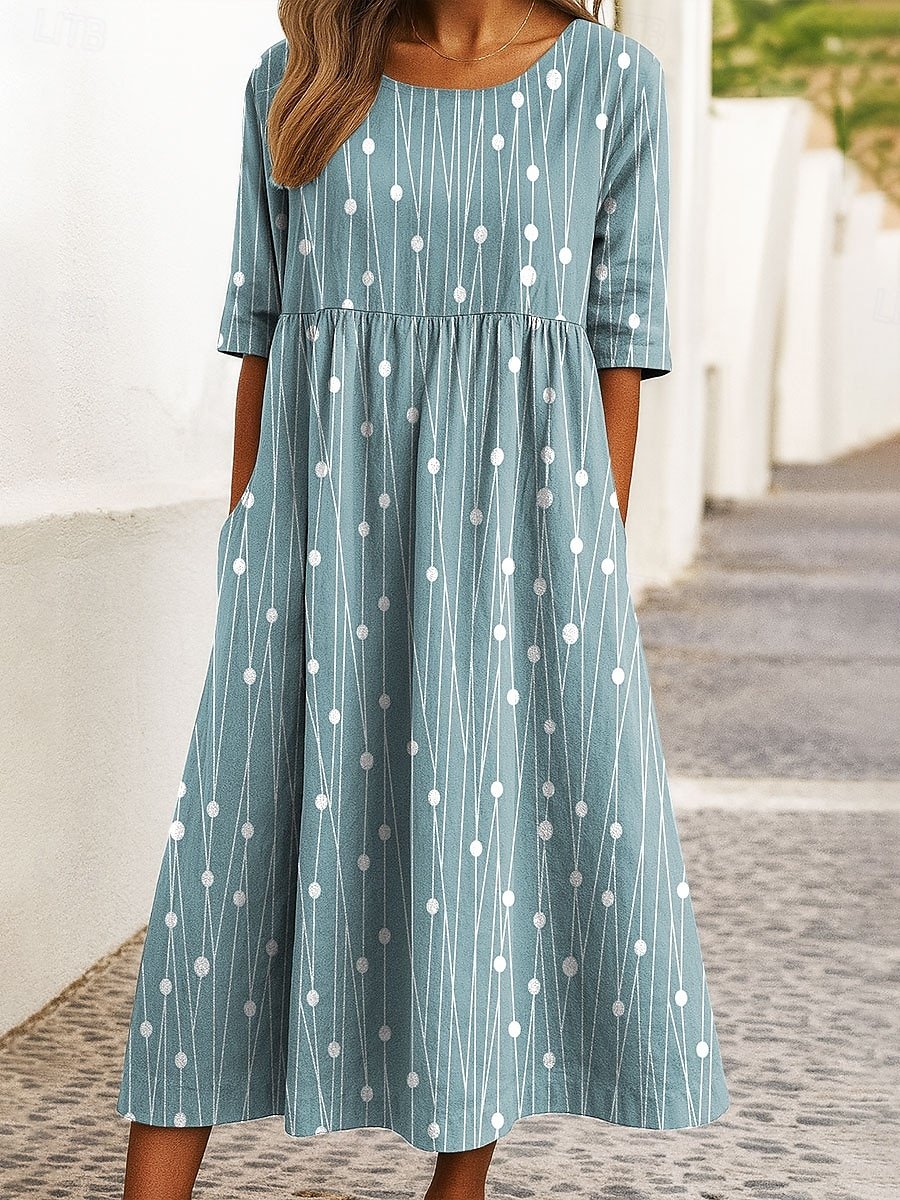 Damen Gestreift Sommer Kleid Rundhals Halbarm A-Linien-Kleid