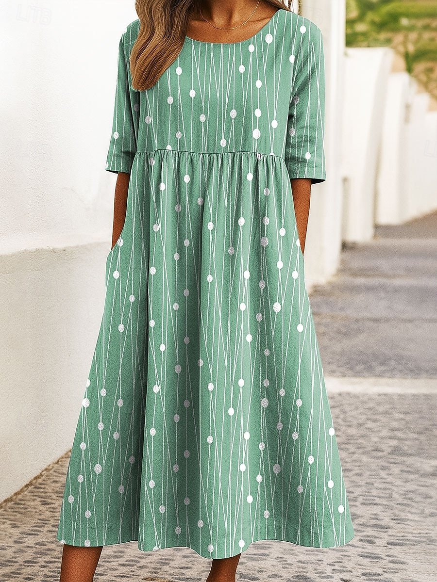 Damen Gestreift Sommer Kleid Rundhals Halbarm A-Linien-Kleid