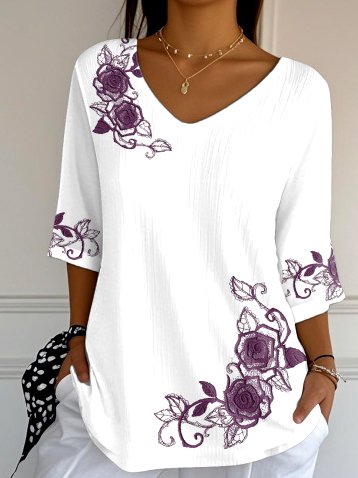 Retro Geblümt Rundhals Langarm T-Shirt