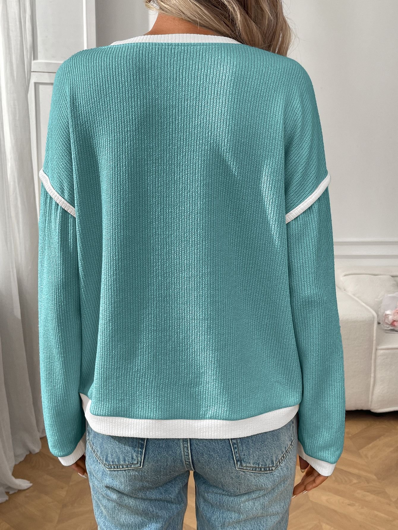 Lässig Farbblock Rundhals Langarm T-Shirt