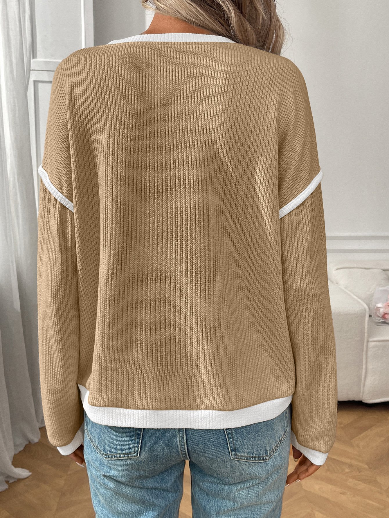 Lässig Farbblock Rundhals Langarm T-Shirt