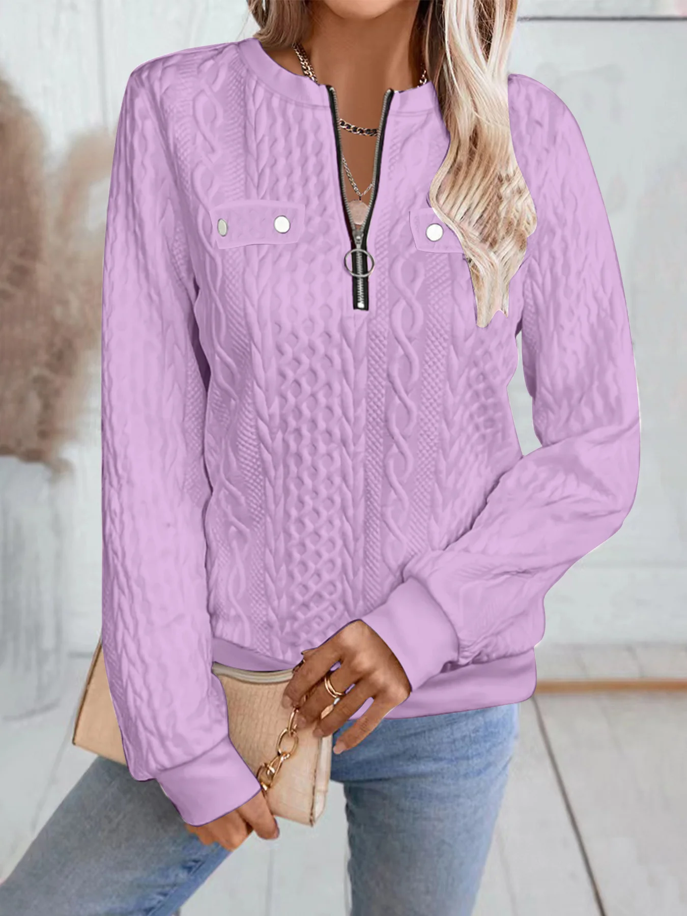 Lässig V-Ausschnitt Unifarben Sweatshirt