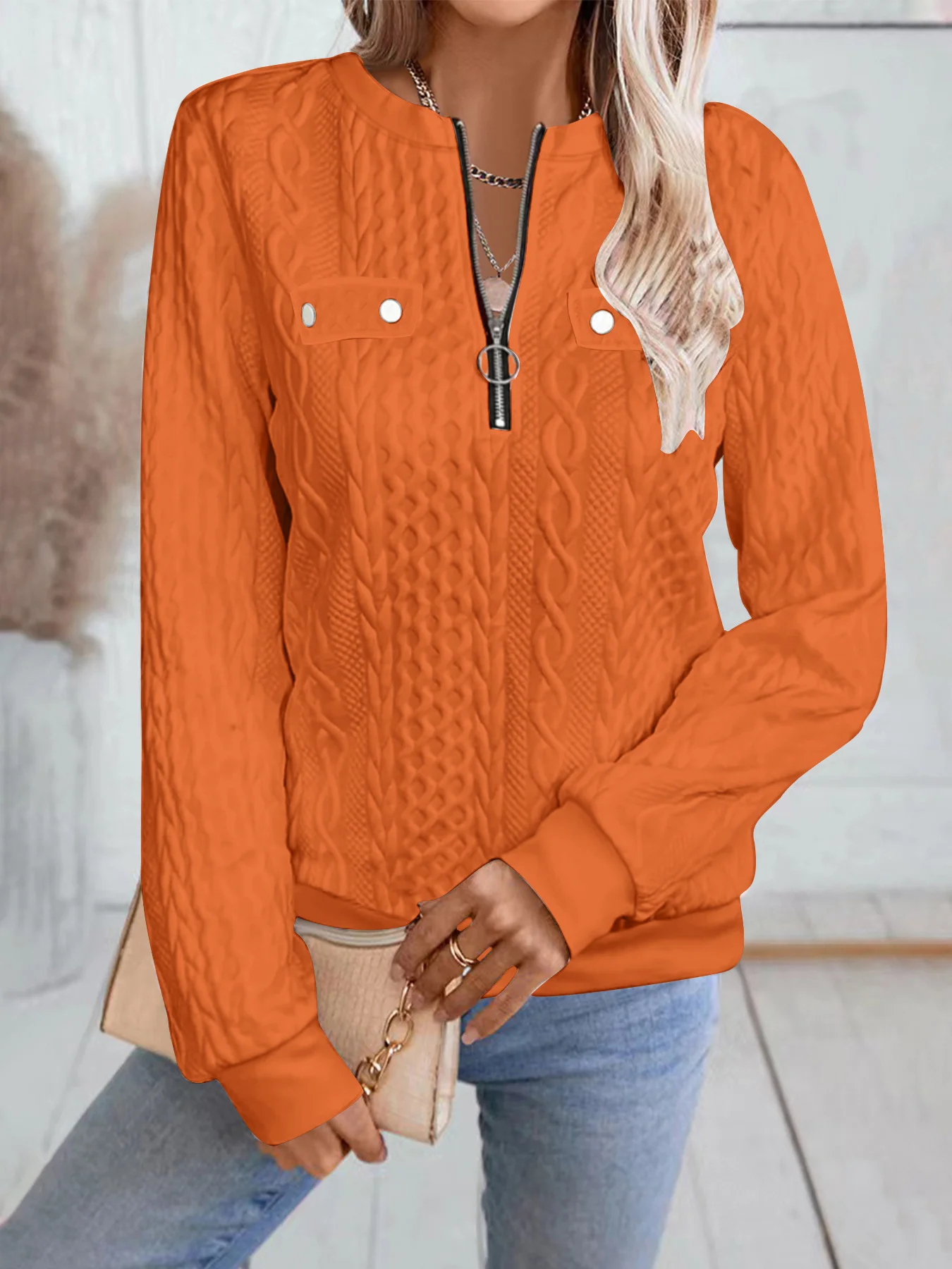 Lässig V-Ausschnitt Unifarben Sweatshirt