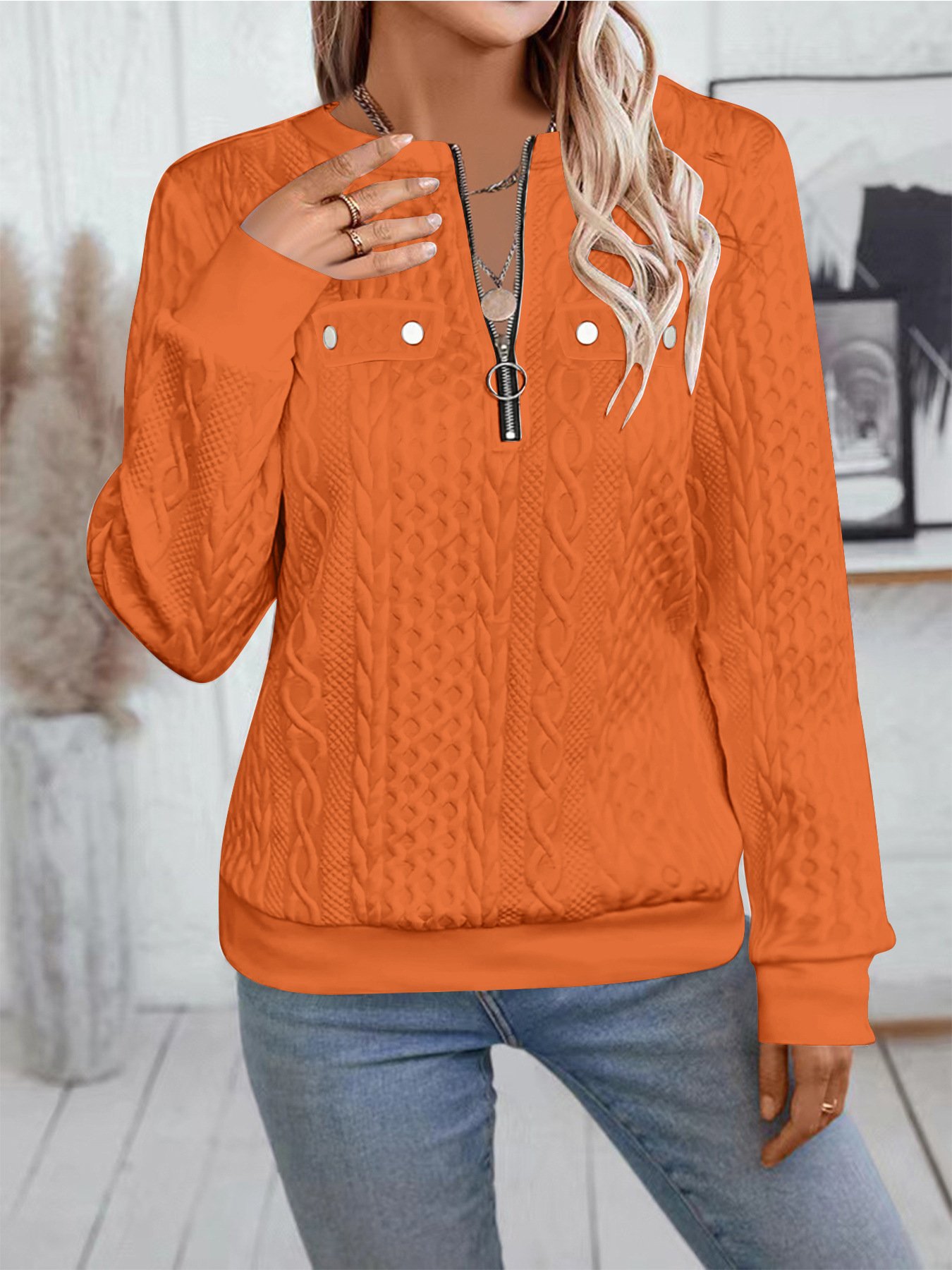 Lässig V-Ausschnitt Unifarben Sweatshirt