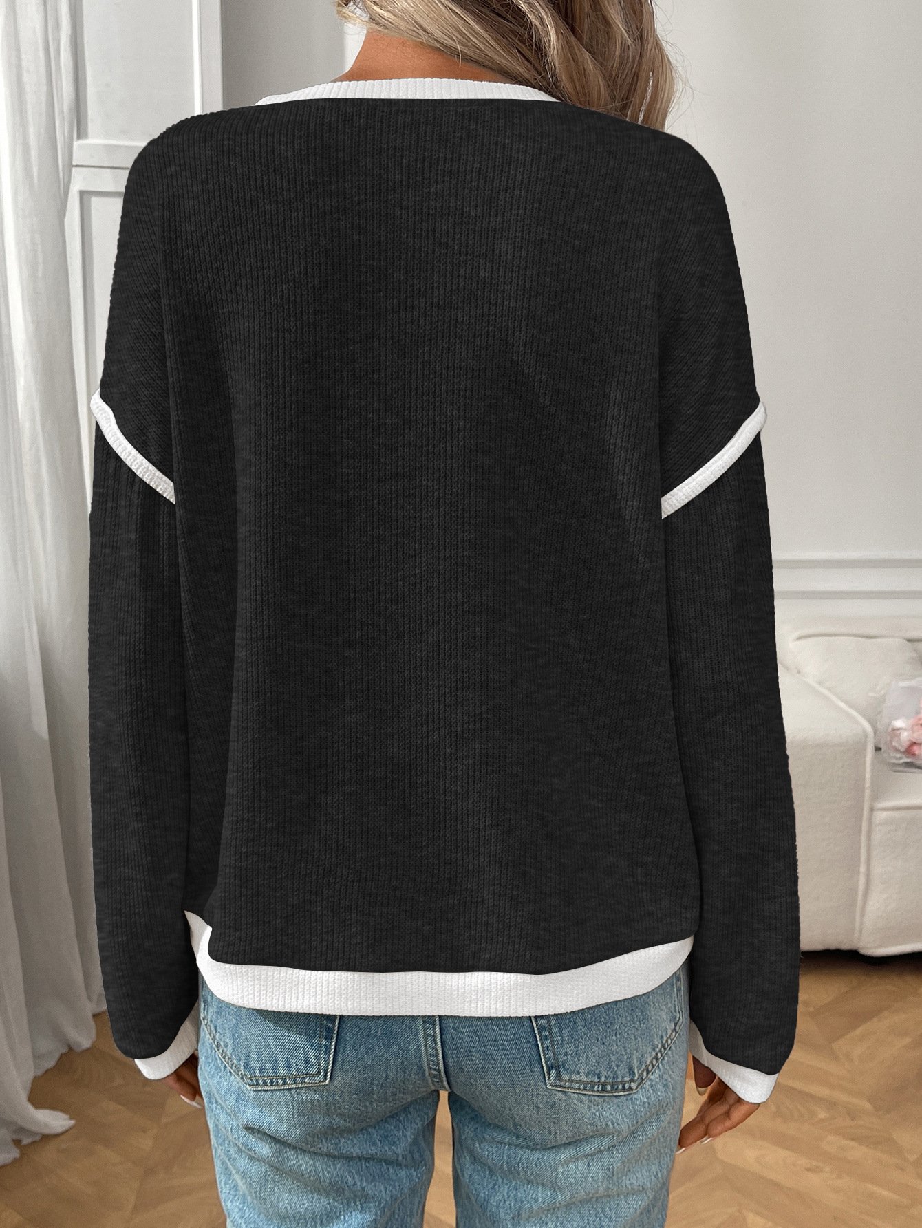Lässig Farbblock Rundhals Langarm T-Shirt