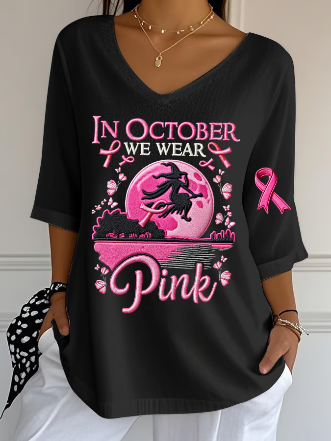 Retro Halloween V-Ausschnitt Dreiviertelärmel T-Shirt