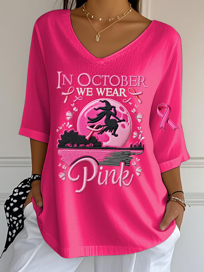 Retro Halloween V-Ausschnitt Dreiviertelärmel T-Shirt