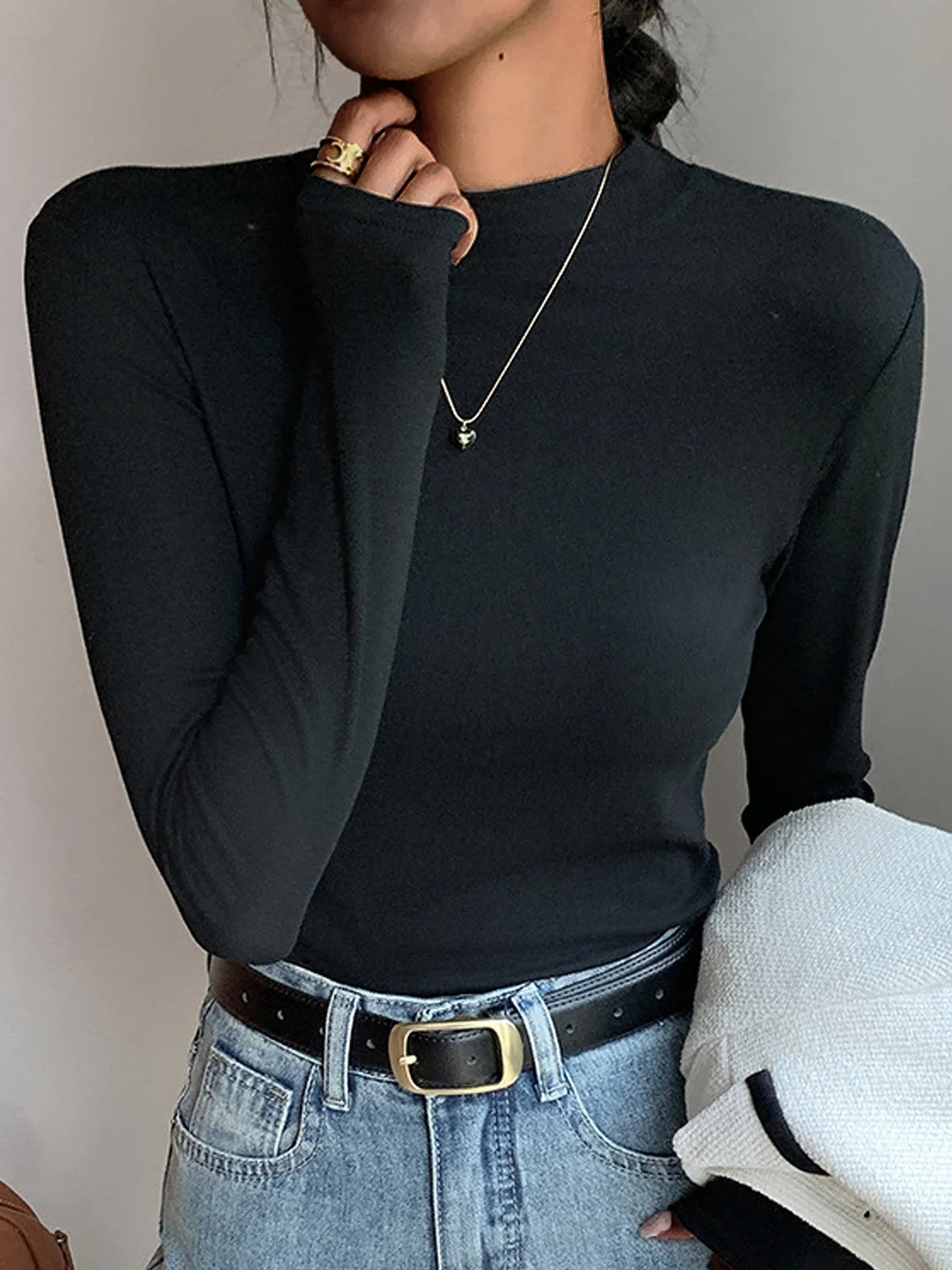 Einfach Unifarben Mock Neck Langarm T-Shirt