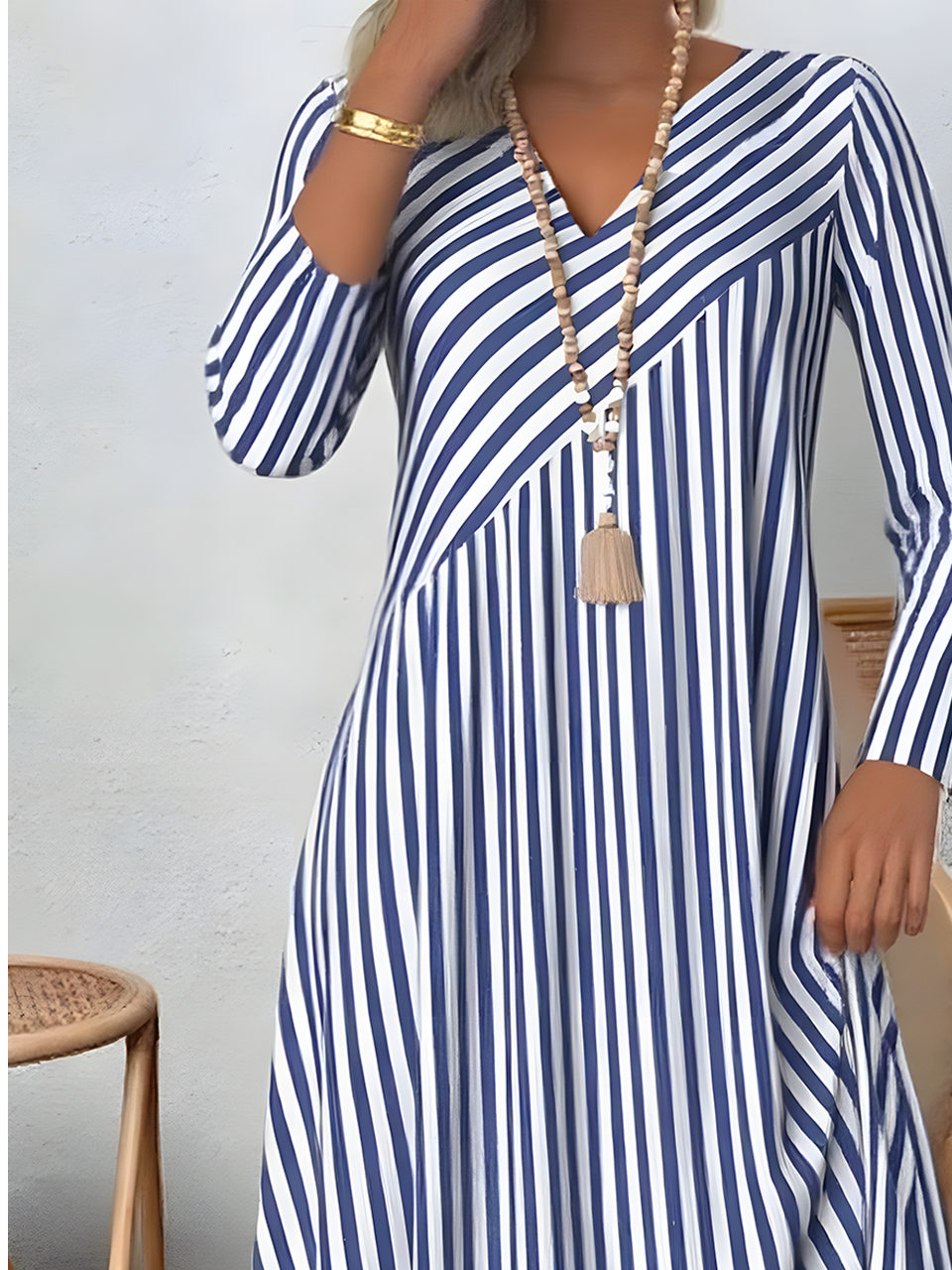 Damen Gestreift Frühling/Herbst Print Kleid V-Ausschnitt Langarm T-Shirt-Kleid H-Linie Kleid
