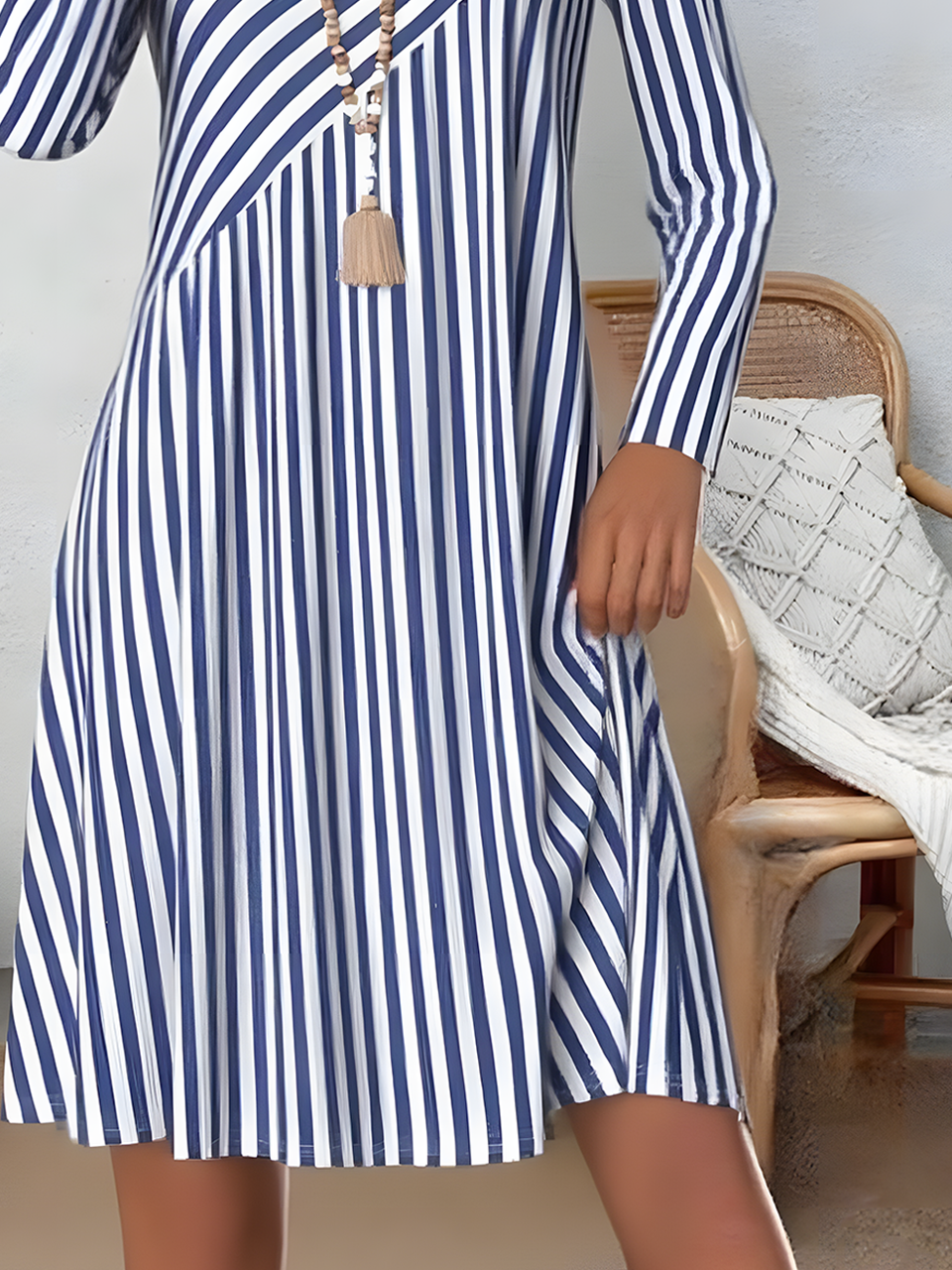 Damen Gestreift Frühling/Herbst Print Kleid V-Ausschnitt Langarm T-Shirt-Kleid H-Linie Kleid