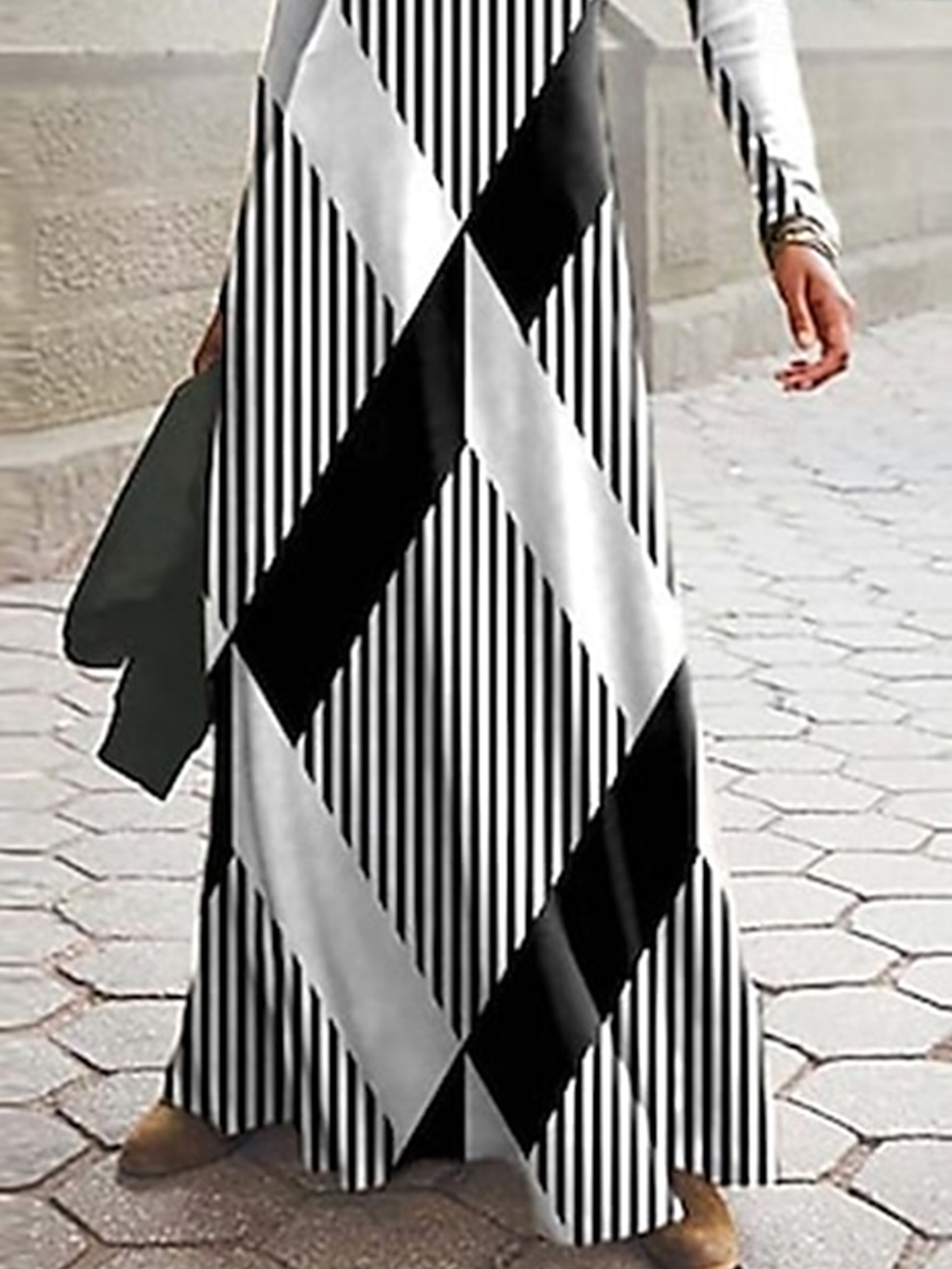 Damen Gestreift Frühling/Herbst Kleid Rundhals Langarm A-Linien-Kleid