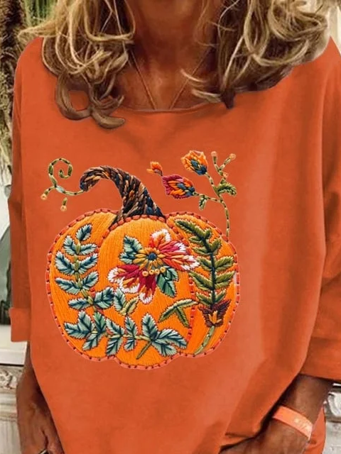 Lässig Geblümt Rundhals Langarm T-Shirt