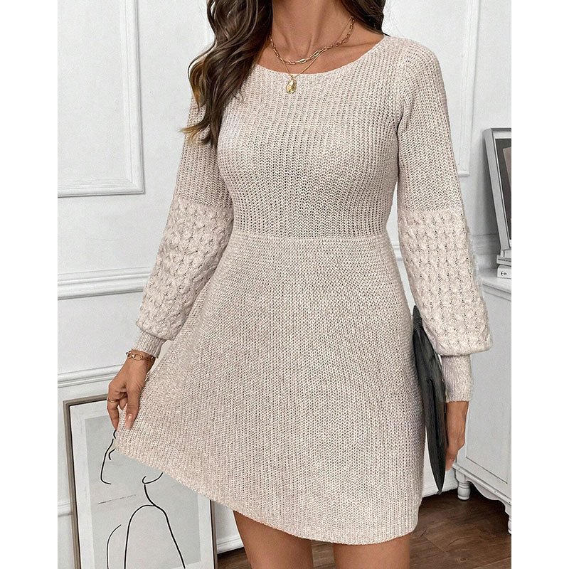 Damen Unifarben Frühling/Herbst Kleid Rundhals Langarm A-Linien-Kleid