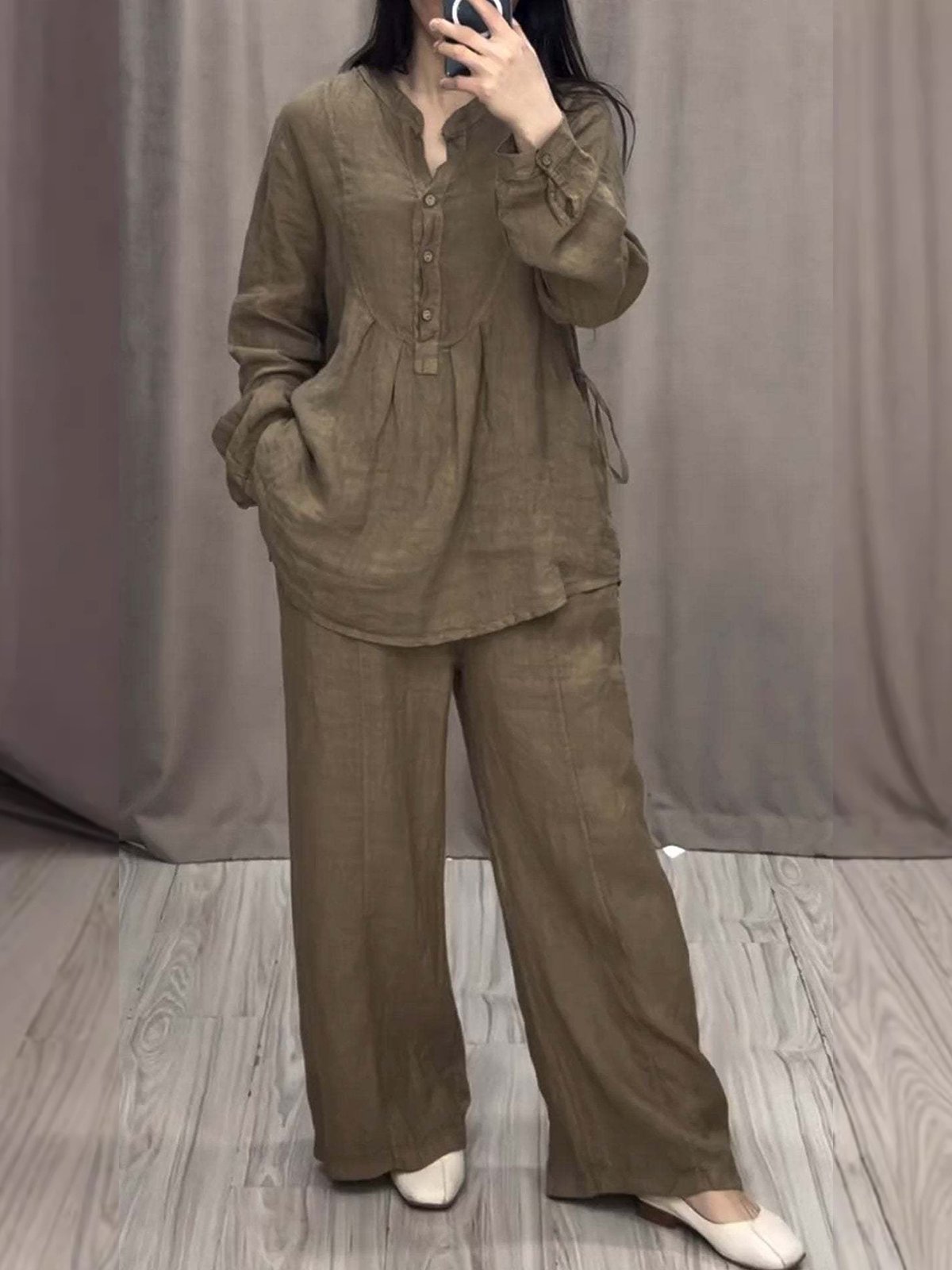 Damen Unifarben Zweiteiliges Set Täglich Langarm Lässig Frühling/Herbst Bluse mit Hose Matching Set