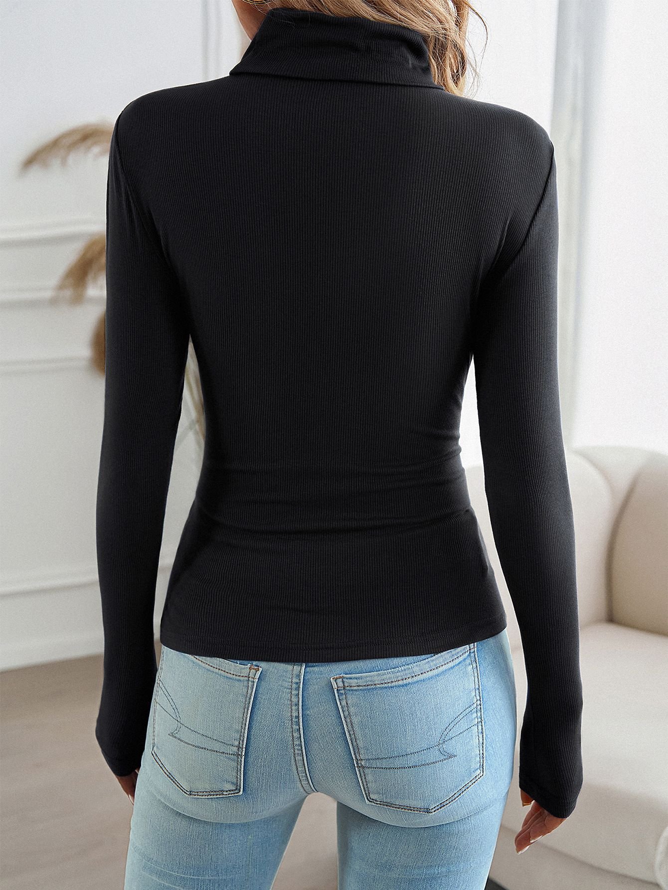 Lässig Unifarben Mock Neck Langarm T-Shirt