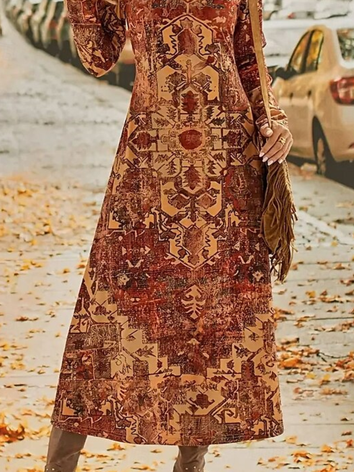 Damen Ethnisch Frühling/Herbst Kleid Rundhals Langarm A-Linien-Kleid