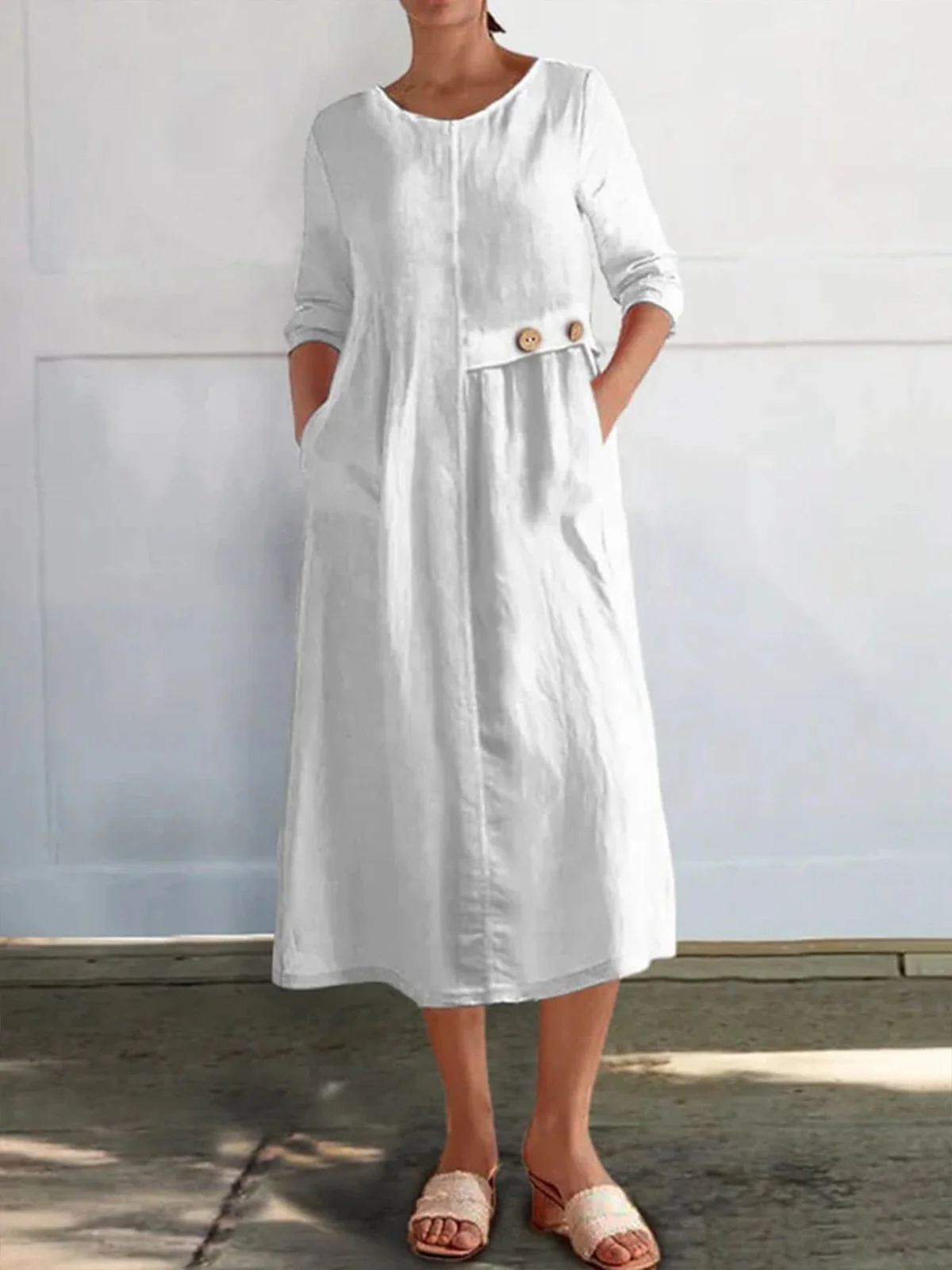Damen Unifarben Frühling/Herbst Geknöpft Kleid Rundhals Langarm A-Linien-Kleid