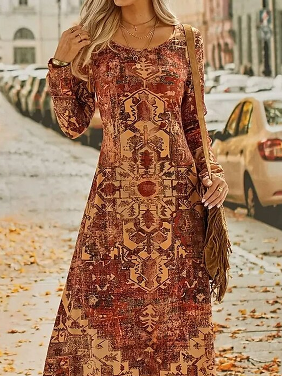 Damen Ethnisch Frühling/Herbst Kleid Rundhals Langarm A-Linien-Kleid