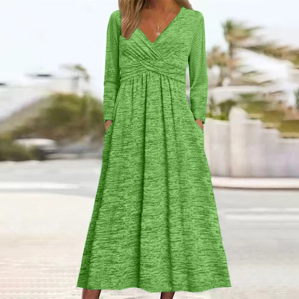 Damen Unifarben Frühling/Herbst Kleid V-Ausschnitt Langarm A-Linien-Kleid