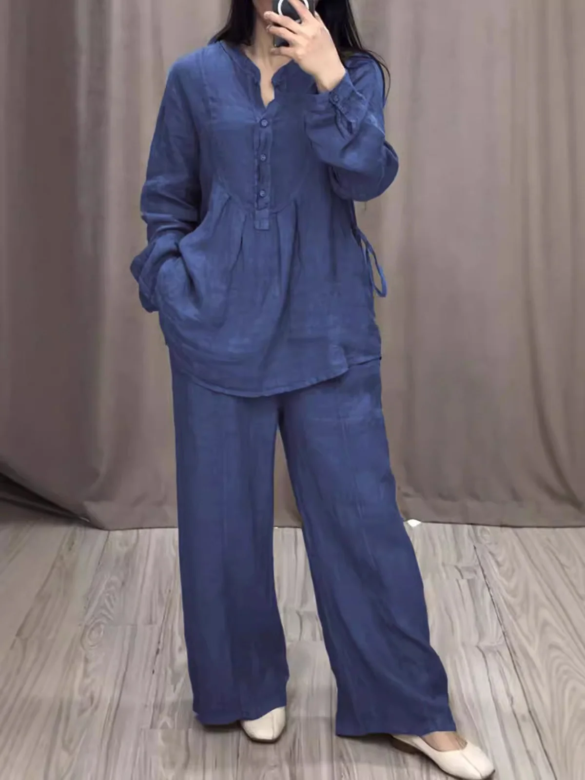 Damen Unifarben Zweiteiliges Set Täglich Langarm Lässig Frühling/Herbst Bluse mit Hose Matching Set