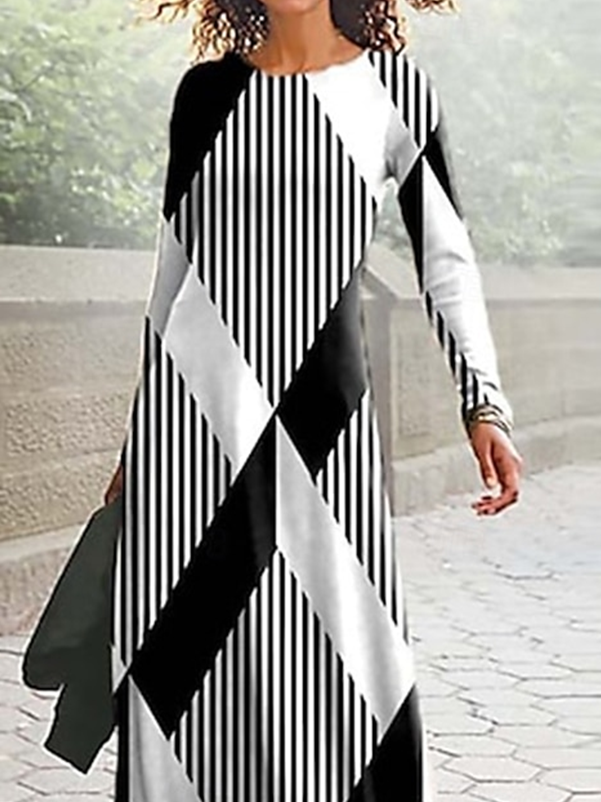 Damen Gestreift Frühling/Herbst Kleid Rundhals Langarm A-Linien-Kleid