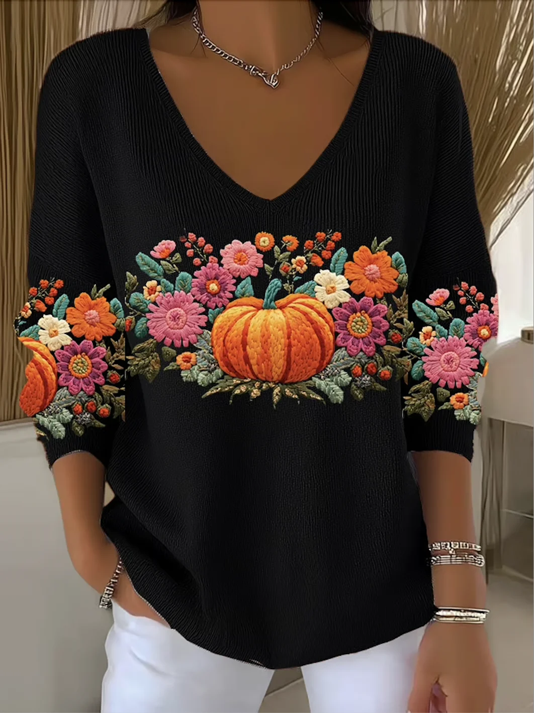 Damen Baumwolle Geblümt Langarm Bequem Lässig Pullover