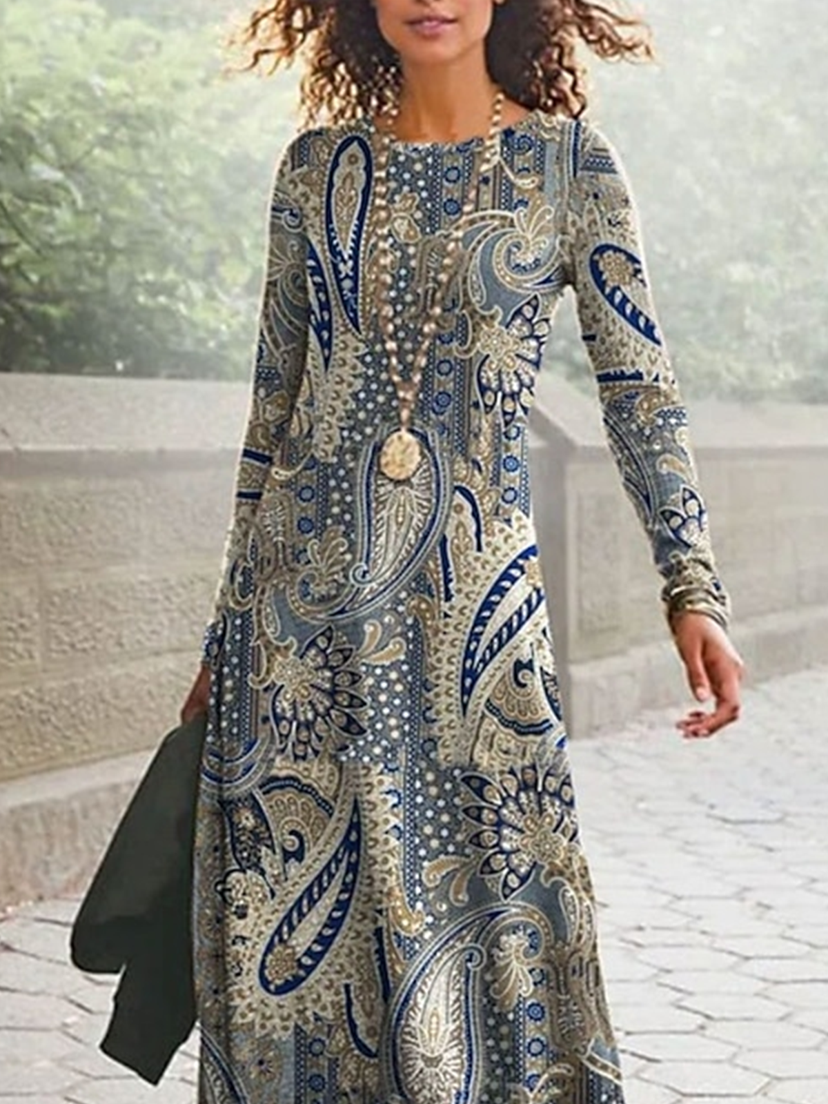 Damen Paisley Frühling/Herbst Kleid Rundhals Langarm A-Linien-Kleid